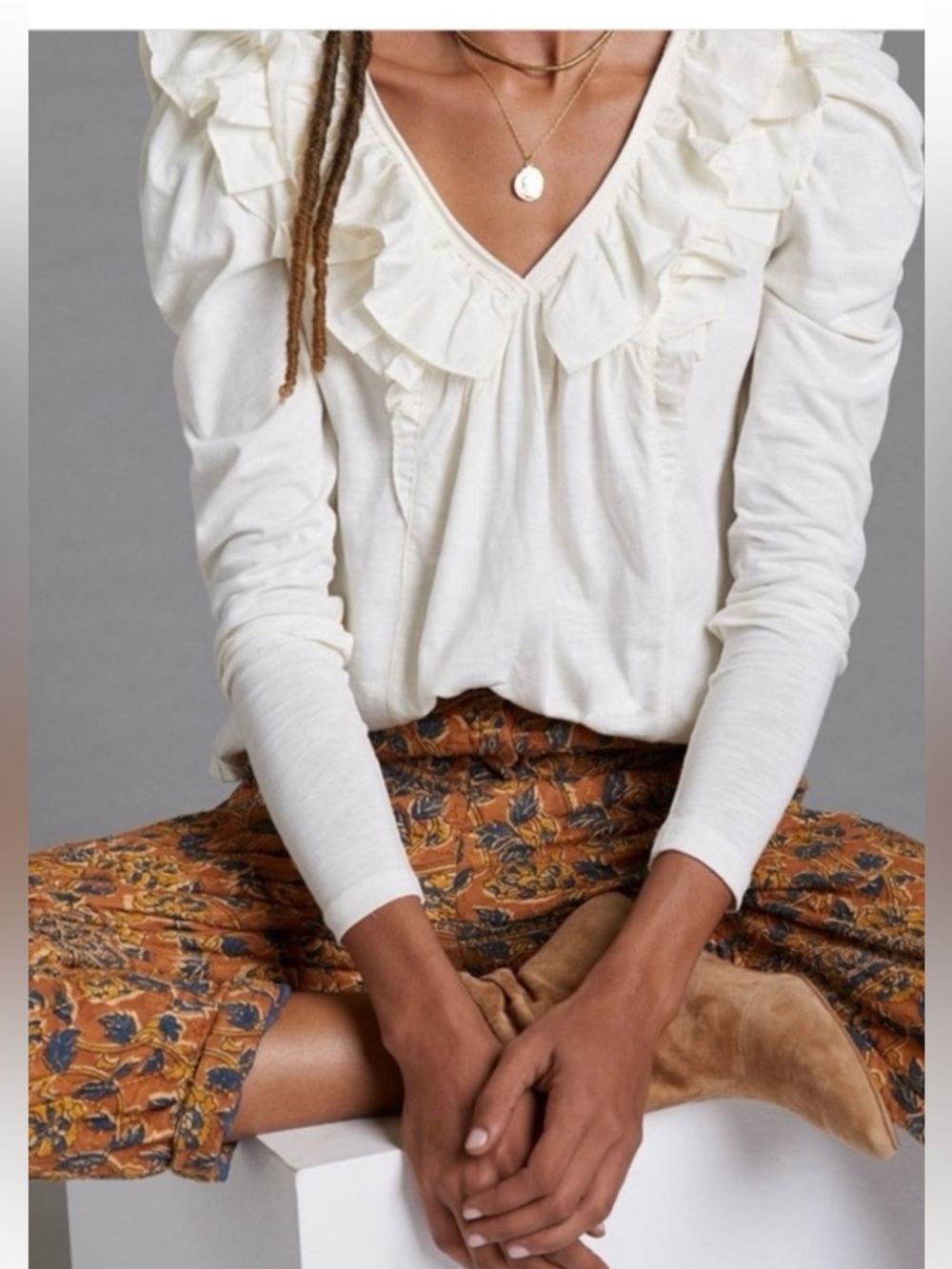 Anthropologie Cream Ruffle V-Neck Long Sleeve Top